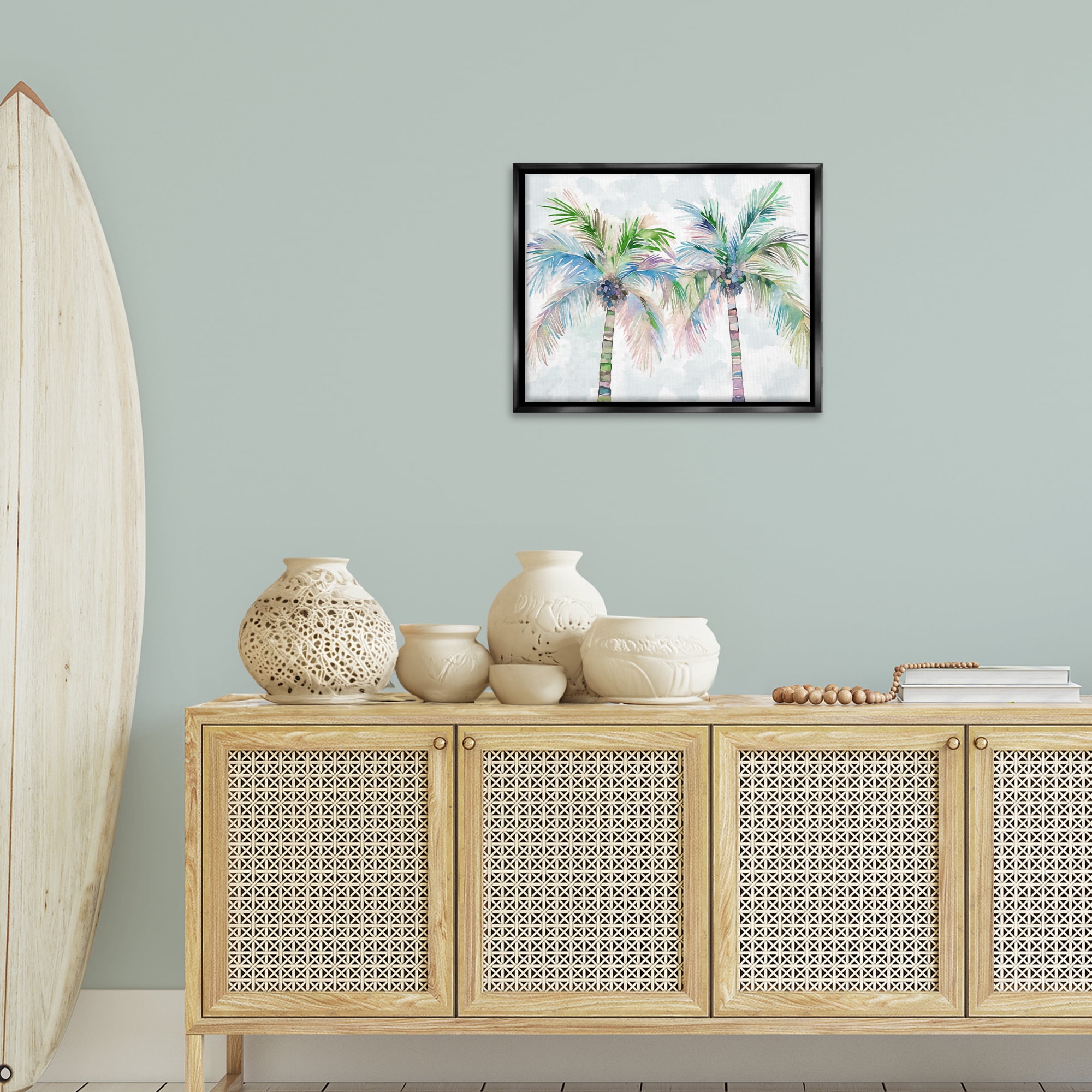 Stupell Industries Soft Palm Tree Pair Botanical & Floral Painting Black Floater Framed Canvas Art Print Wall Art, 21 x 17