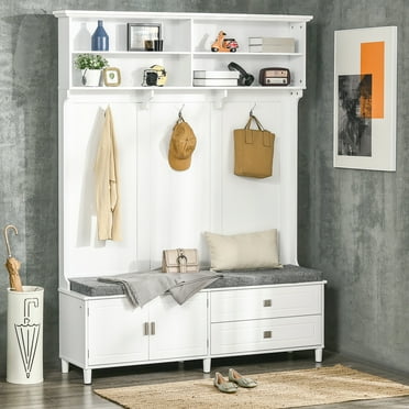 HOMCOM Hall Tree with Storage Bench, Entryway Bench with Coat Rack, Accent Coat Tree with Storage Shelves, Cabinet and Drawers for Hallway, Mudroom, White