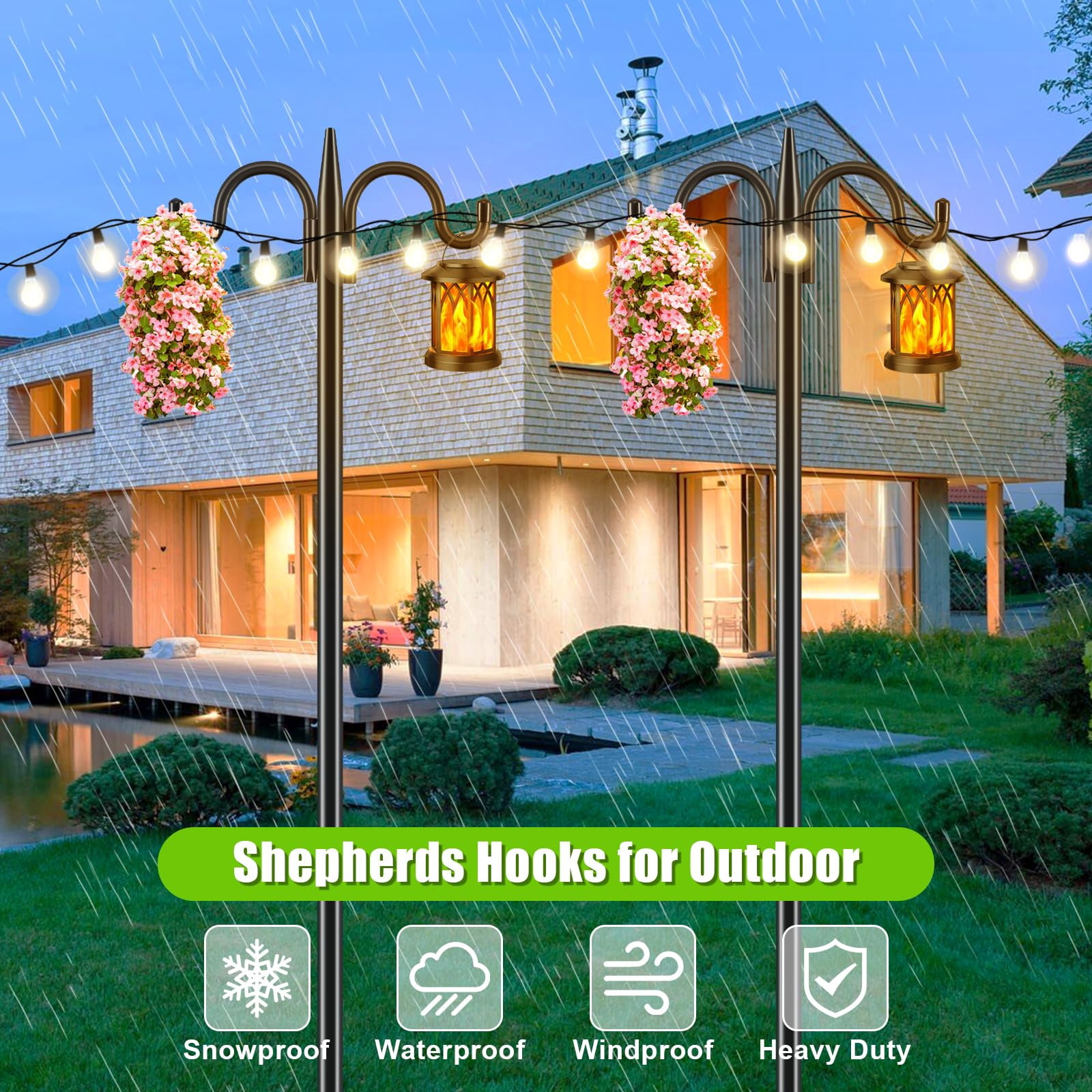 Double Shepherds Hook For Outdoor  2 Pack 63 Inch Heavy Duty Bird Feeder Pole 5/8 Thick Garden Hooks Hanging Hummingbird Plant Baskets Solar Light Lanterns