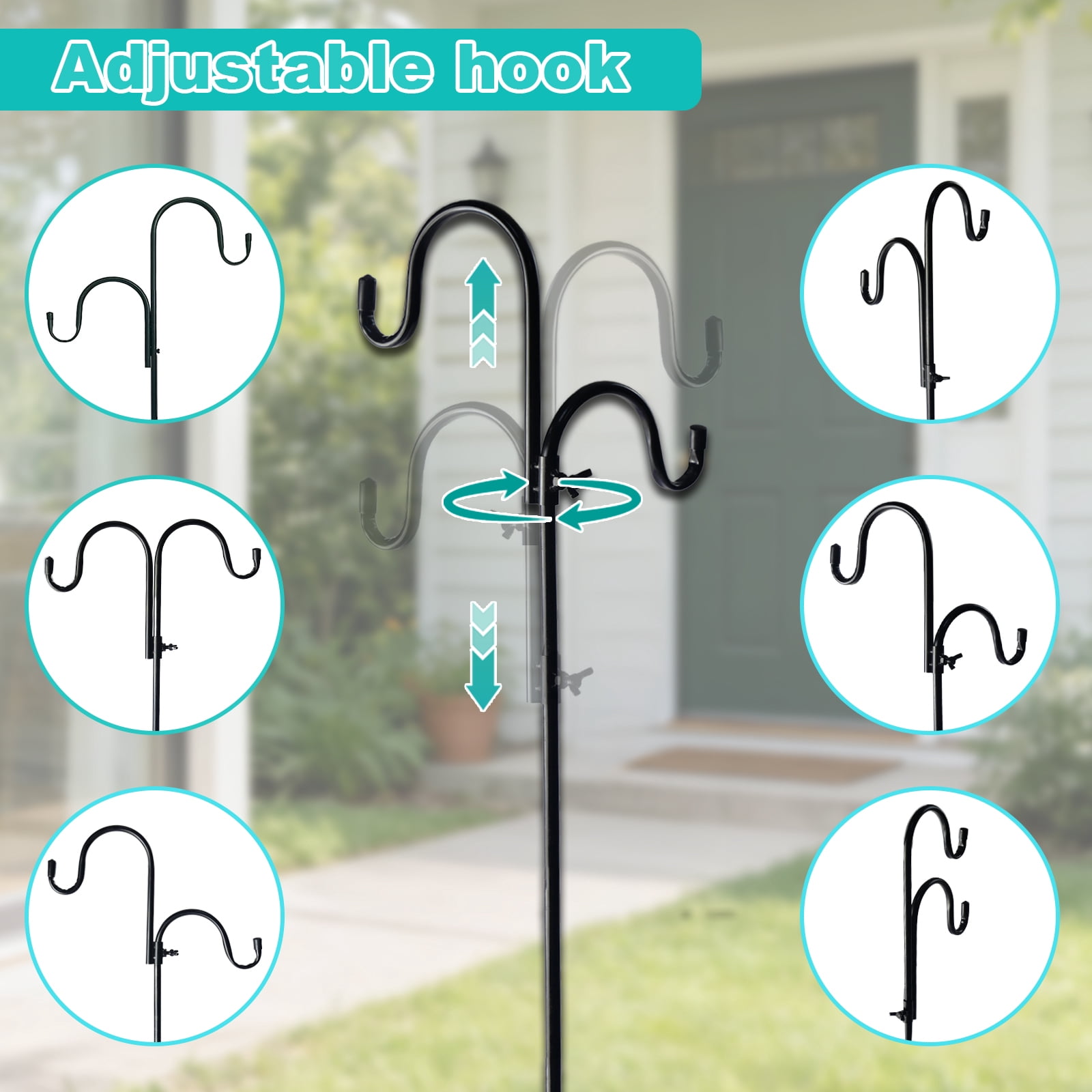 AGCAN Double Shepherds Hook for Outdoor, Heavy Duty Bird Feeder Pole with 5-Prong Base, Adjustable 94 Inch Garden Hook for Hanging Plant Baskets, Solar Light Lanterns, Wind Chimes