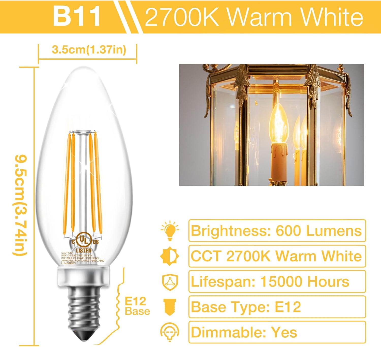 Dimmable E12 Candelabra LED Light Bulbs, Chandelier Light Bulb 60 Watt Equivalent, 5.5W 600 LM 2700K Warm White, B11 Vintage LED Filament Candle Light Bulbs, No Flicker, UL Listed, 12 Pack Warm White