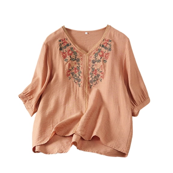 Lpmadey Floral Embroidered Tops for Women 3/4 Sleeve Boho Vacation Dressy Casual Shirts V Neck Tunic Tshirt