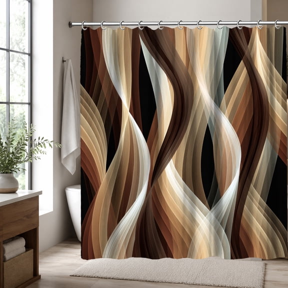 Abstract Wave Shower Curtain, Brown Beige Black Modern 3D Ripple Pattern Shower Curtain, Contemporary Luxury Bathroom Decor, Minimalist Geometric Fabric Curtain, 70.87 x 70.87 Inch