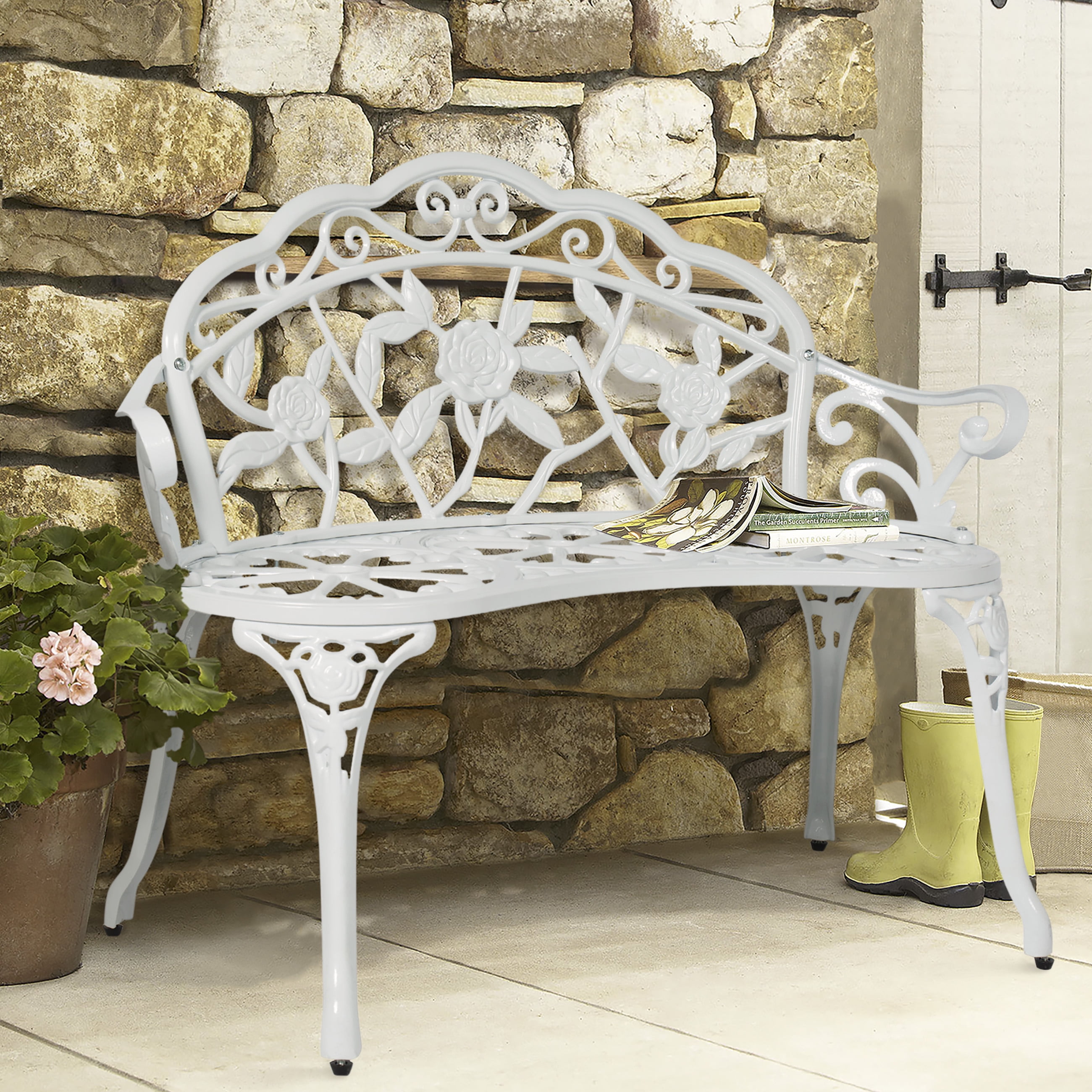 Best Choice Products Floral Rose Accented Metal Garden Patio Bench w Antique Finish White by