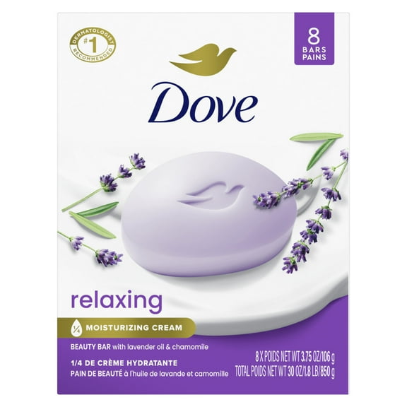Dove Beauty Bar Women's Bath Soap Relaxing Lavender Oil & Chamomile, 3.75 oz 8 Bars
