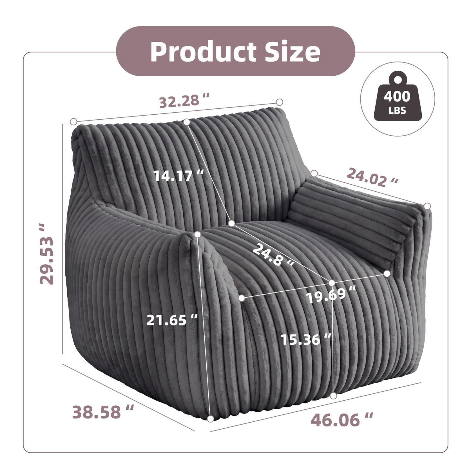 Plush Bean Bag Chair for Living Room, Oversized Comfy Bean bag Lounge Chair Lazy Floor Sofa Couch for Bedroom, Dorm, Grey
