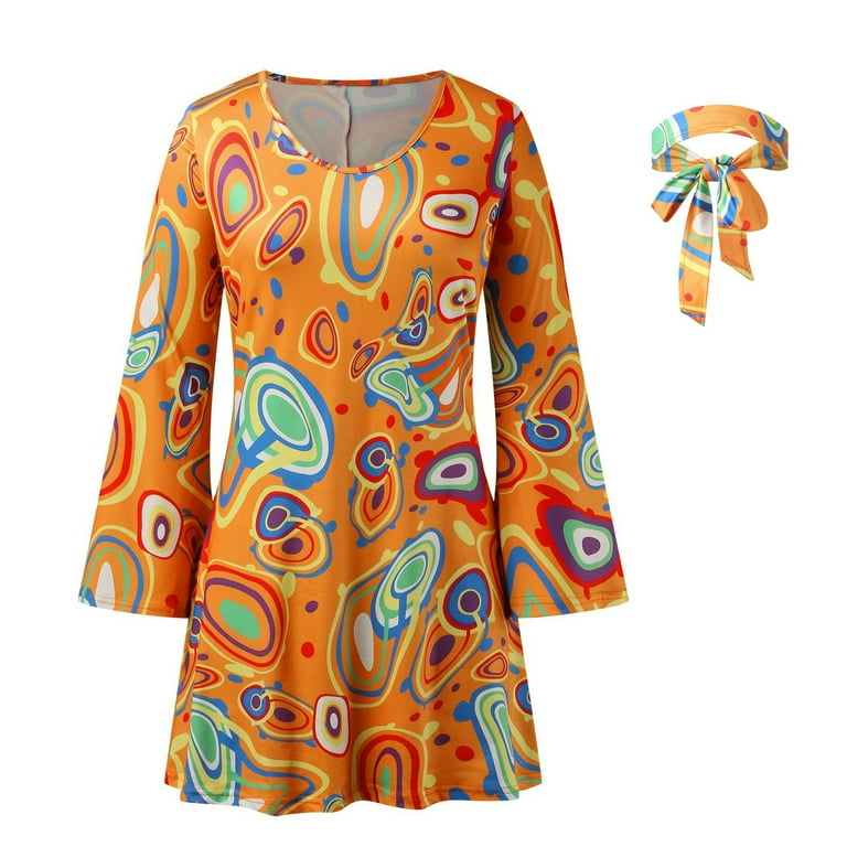 70s Hippie Disco Womens Sweater Dresses Winter Festival Dress Headscarf Womens Sweater Dressesy Printed Dress Two Piece Cute Wrap Dresses for Women Sety Sweater Dress for Women Walmart