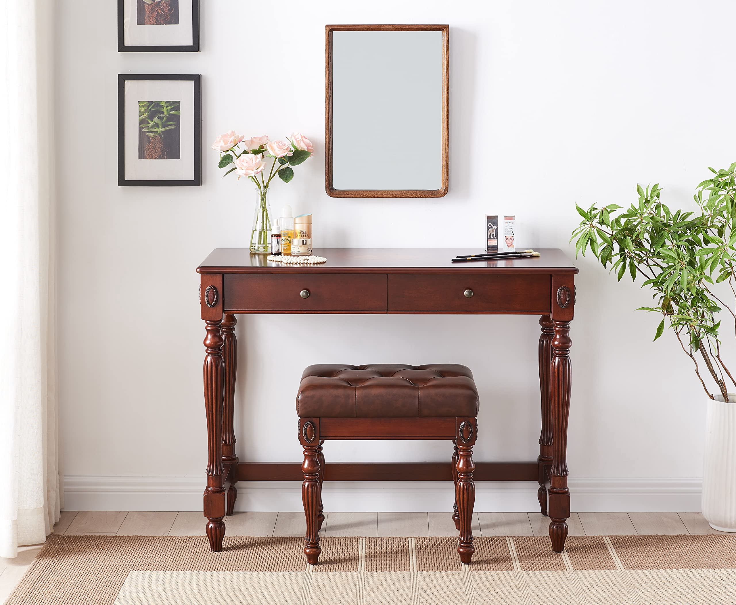 JESONVID Solid Wood Computer Writing Desk with 2 Big Drawers 39.4" Wide Home Office Desk Workstation Small Rustic Study Table Furniture in Cherry for Home Office Bedroom Living Room, SSZ-1533WD