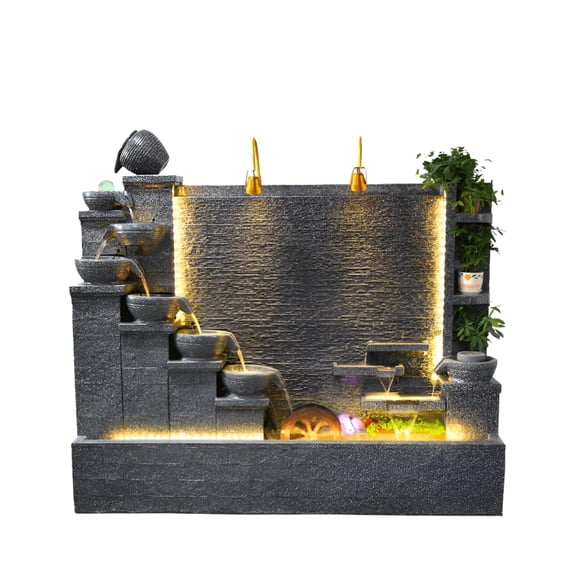 4.92 ft Luxury Elegant Faux Rock Fountain Vintage Style Garden Home Villa Decor with LED Lights, Waterfall, Crystal Turning Beads, Relief Art for Gift or Decoration.