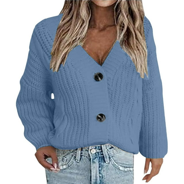 Duoif Cardigan Sweaters for Women Ladies V Neck Long Sleeve Cardigan Sweater Solid Color Button Fashion Sweater Jacket with Pockets Womens Sweaters B L