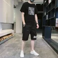 thumbnail image 4 of Conjunto de pantalones cortos para hombre, de algodón con letras negras, elegante y moderno, de dos piezas, conjunto de camiseta y pantalones cortos para hombre, estilo coreano 2024, ropa 2025, noveda, 4 of 5