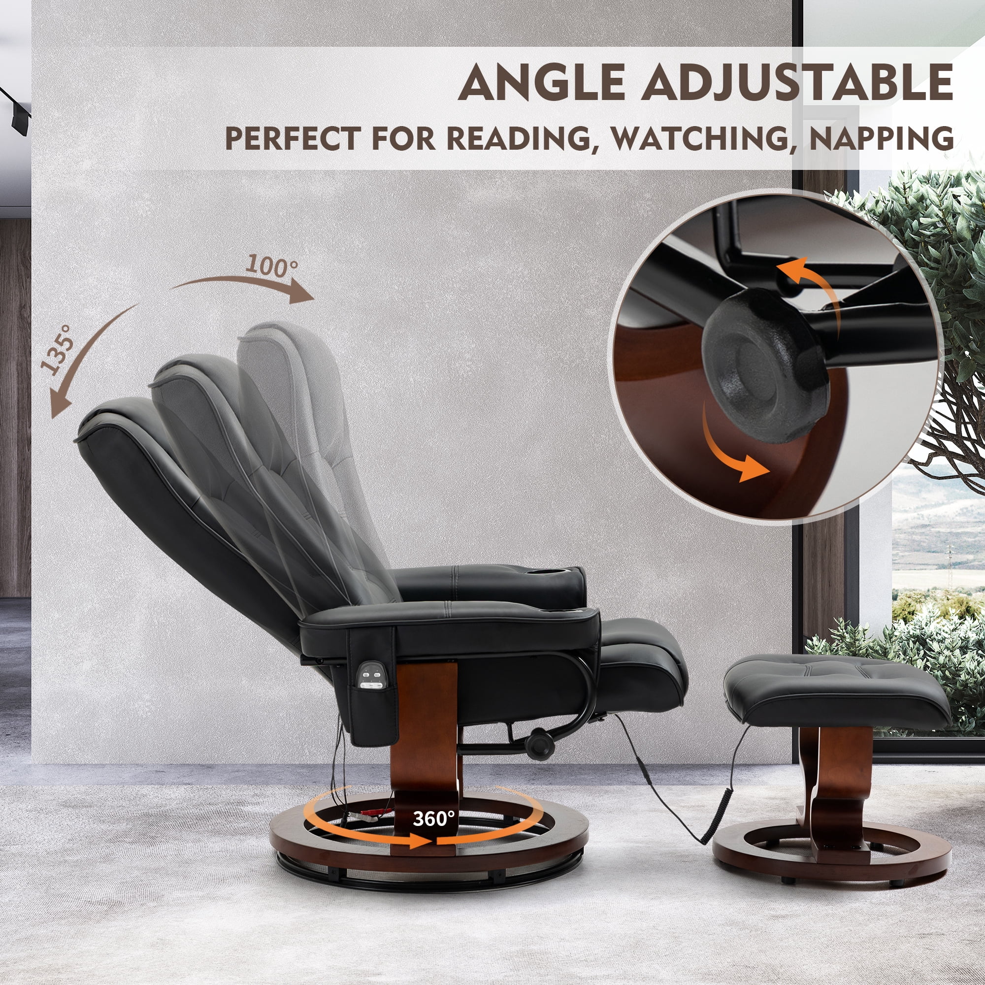 AVAWING 8 Point Vibration Massage Recliner Chair w/ Ottoman, Swivel Reclining Chair, Indoor, Black