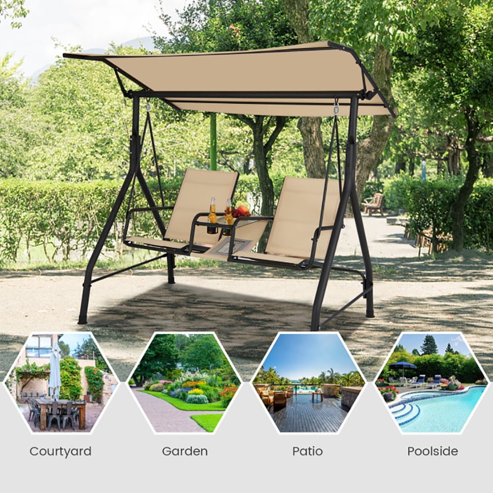 Aimee Lii 2-Seat Outdoor Cushioned Porch Swing with Adjustable Canopy and Tempered Glass Table, Swing Chair Outdoor, Beige