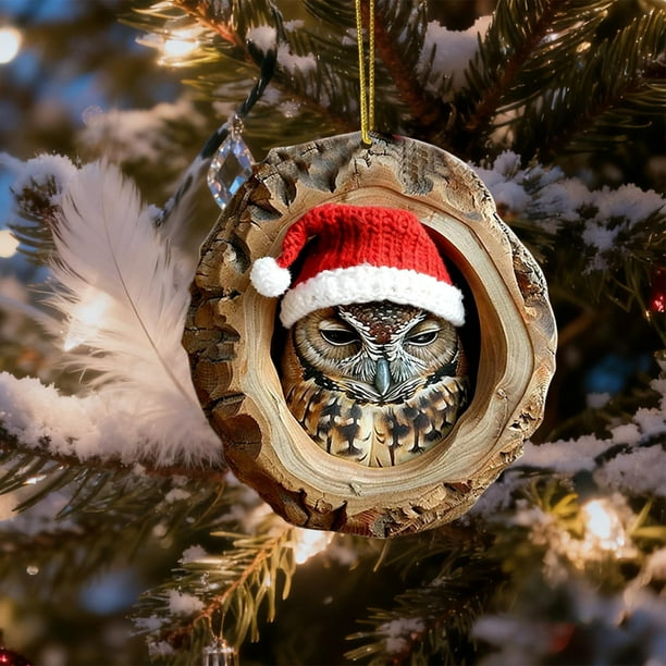 Adornos Navideños de Animales, Colgantes Planos de Acrílico Impresos En 2D | Adornos para Árbol de Navidad con Búho y Mapache | Adornos Colgantes Duraderos con Cuerda | Decoración Navideña para Árbol