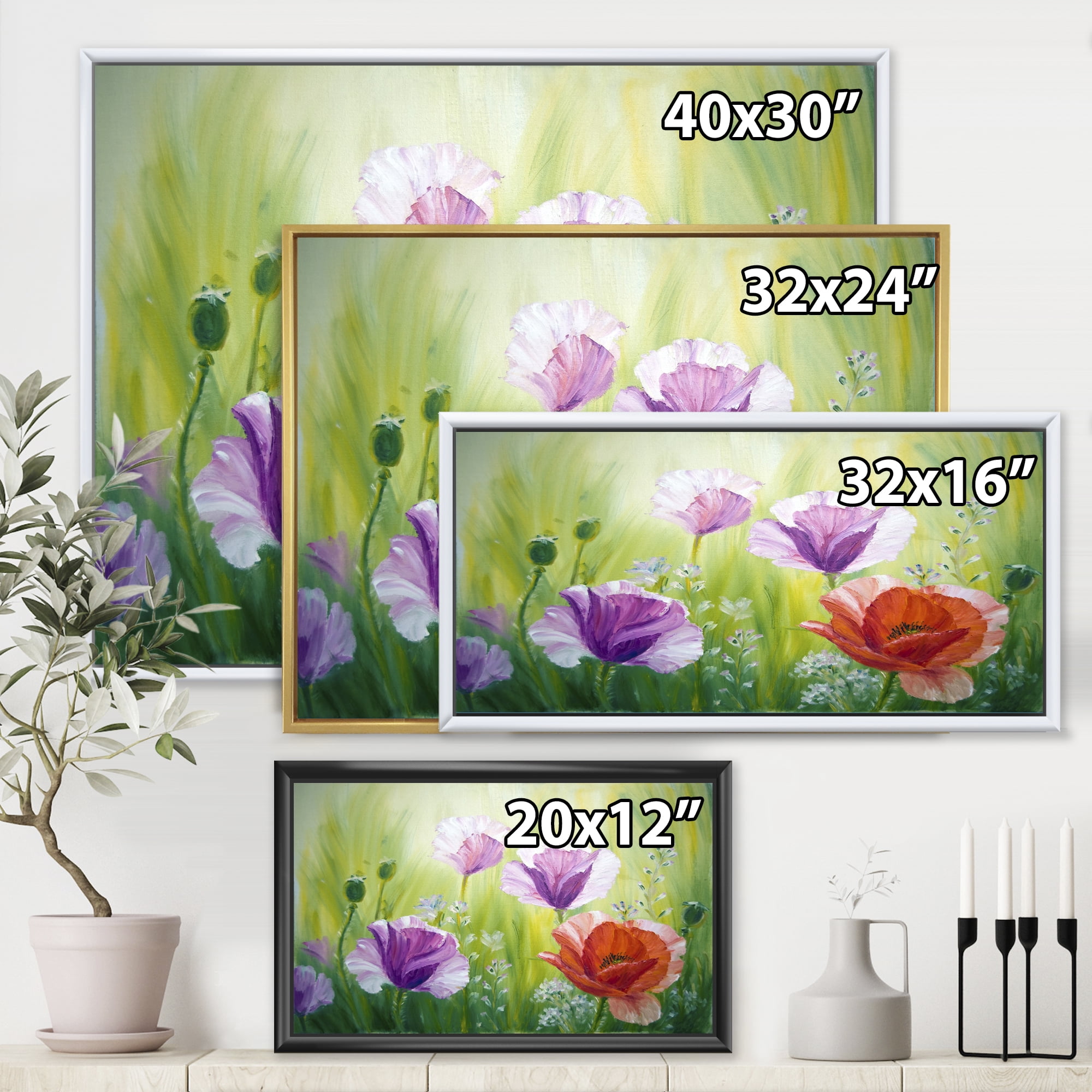 Designart 'Blossoming Red and Purple Poppies In The Morning II' Traditional Framed Canvas Wall Art Print