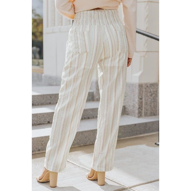 ABPHQTO Pantalones a rayas de cintura alta con fruncido para mujer