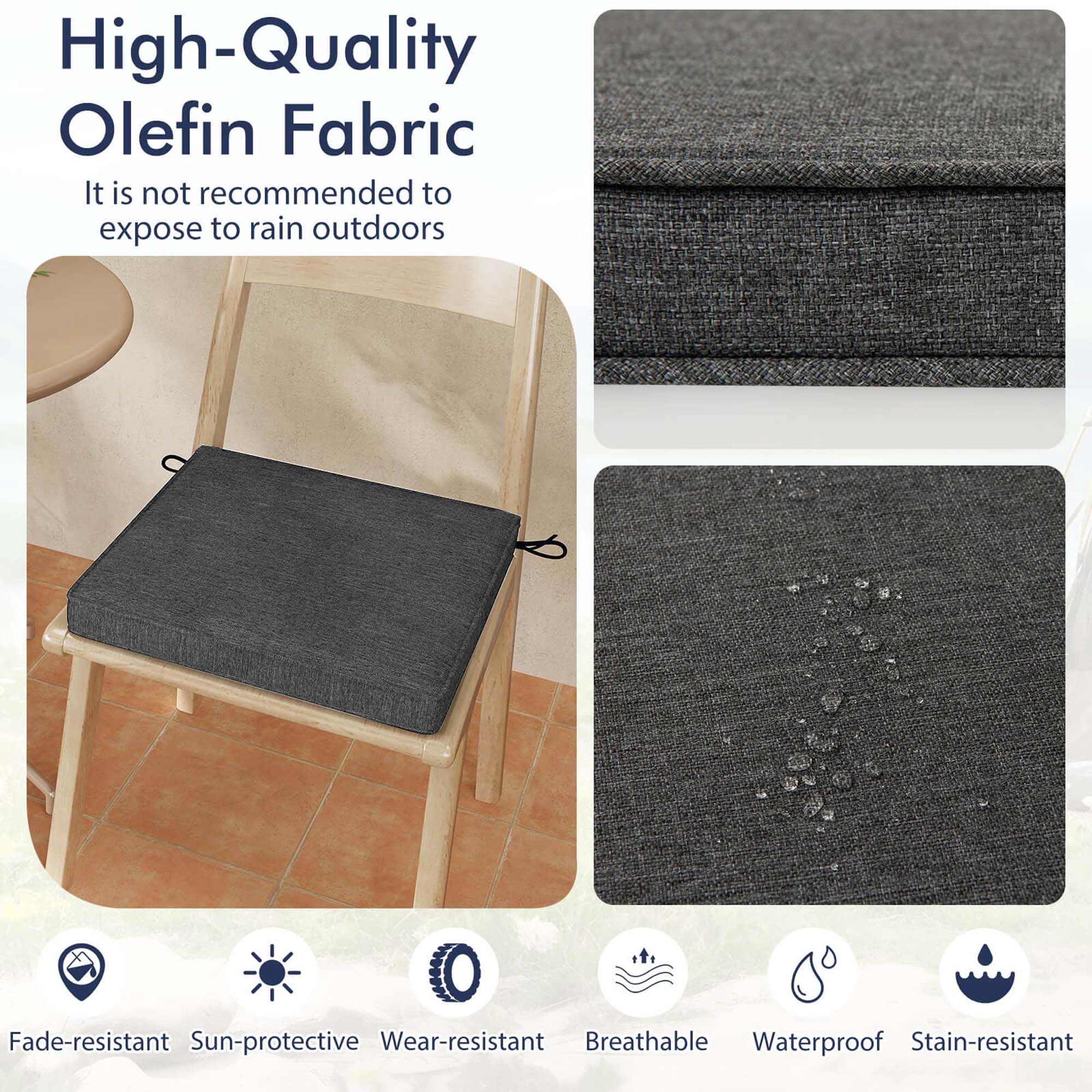 Costway Outdoor Chair Cushion Set of 2 Waterproof Fade-Resistant Olefin Seat Cushions Gray