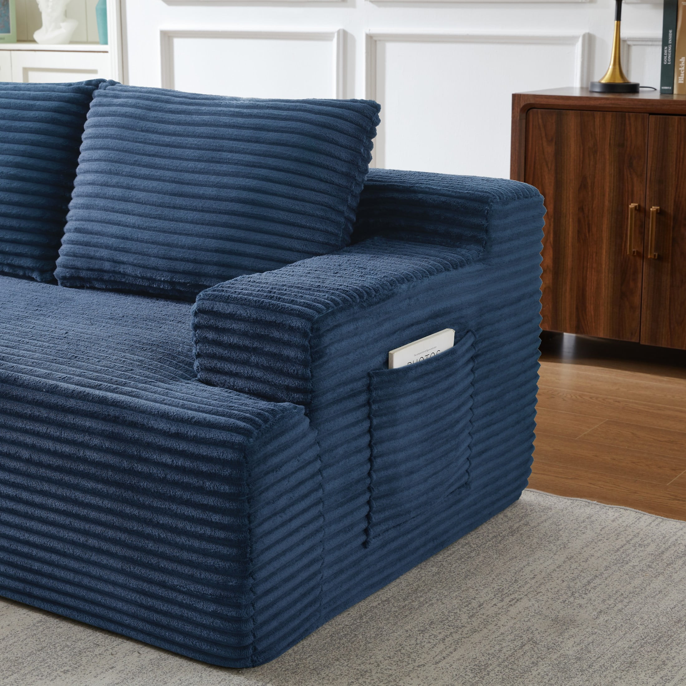 Aukfa 96" L-Shaped Cloud Sectional Sofa, Modular Boneless Couch with Deep Seat, Left-Facing Chaise, Corduroy Sleeper Sofa for Living Room, Blue