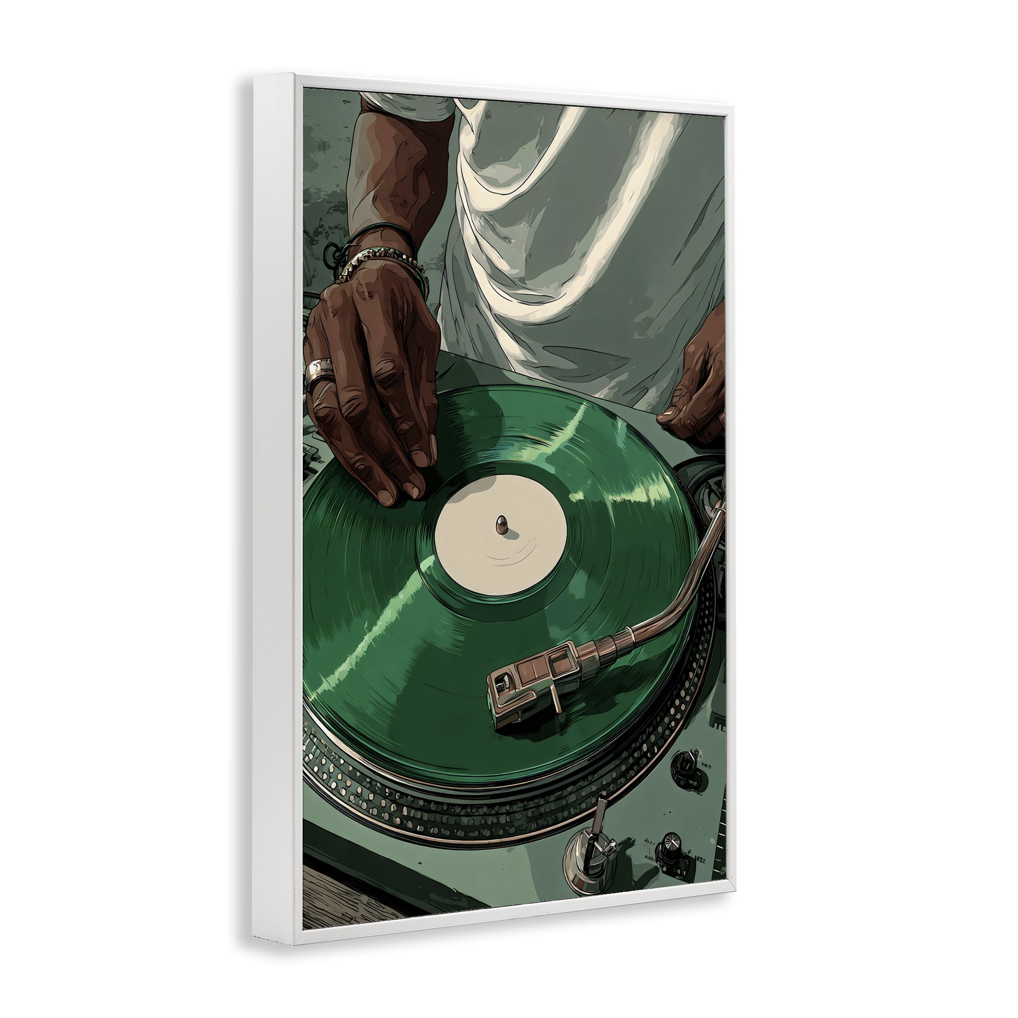 Stupell Industries DJ Spinning Green Record White Framed Giclee Art, design by Franklyn Gregory