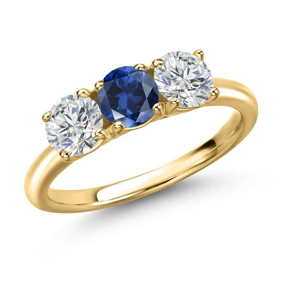 Gem Stone King 18K Yellow Gold Plated Silver Blue Created Sapphire and Lab Grown Diamond Engagement Ring for Women | 1.60 Cttw | Round 5MM | Gemstone September Birthstone | Size 7