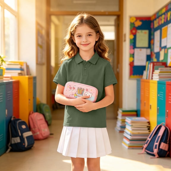 Girls Short Sleeve Collared Pique Polo Shirts Kids School Uniform Daily Tops Casual Shirts Army Green 110