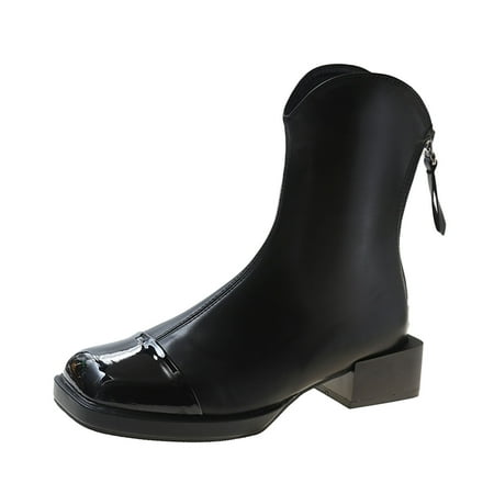 

Fsqjgq Womens Boots Wide Toe Ladies Fashion Solid Color Leather Splicing British Style Back Zipper Thick High Heel Short Boots Low Profile Cowboy Boots Women Black 38