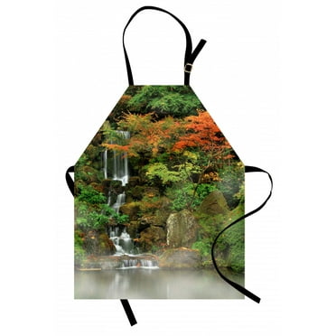 Waterfall Apron Wild Small Cascade Pouring over Steep Stones Peaceful Fall Autumn Motion Scene, Unisex Kitchen Bib Apron with Adjustable Neck for Cooking Baking Gardening, Orange Brown, by Ambesonne