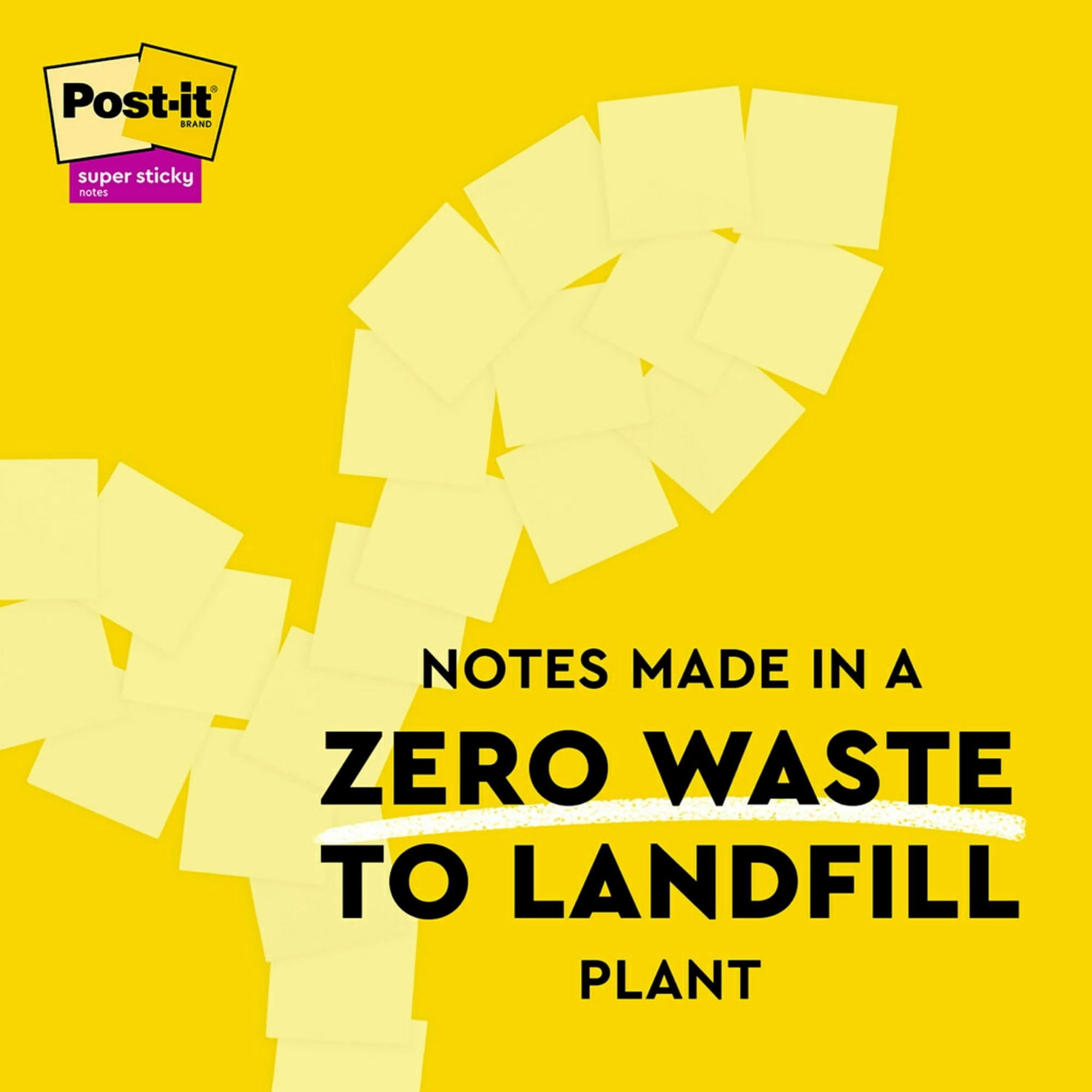 Post-it Super Sticky Recycled Notes, 3 in x 3 in, 24 Pads, 70 Sheets/Pad, 2x the Sticking Power, Canary Yellow, 100% Rec