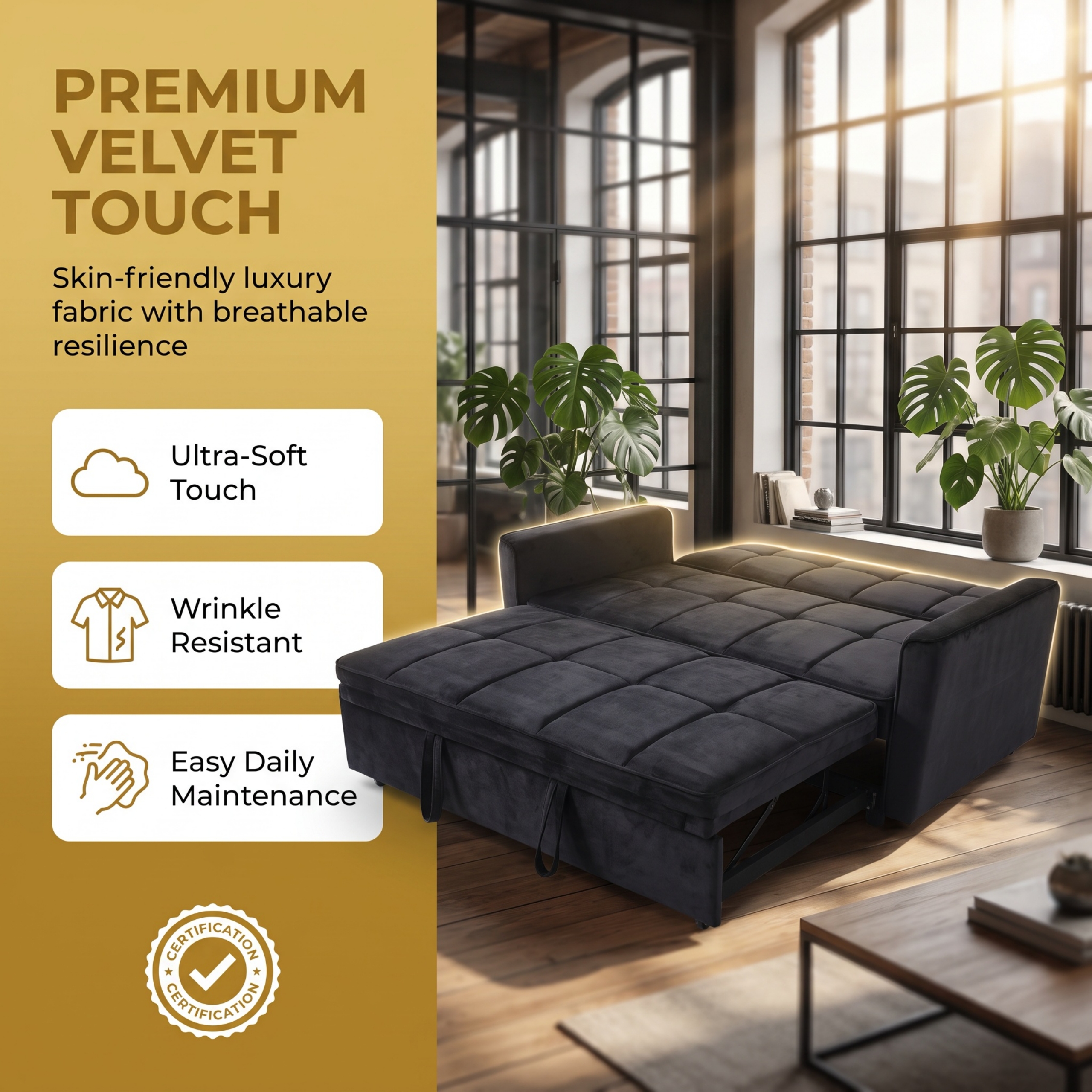 54" Convertible Sleeper Sofa Bed, Modern Velvet 3-in-1 Pull Out Loveseat Couch with 5-Position Backrest & Side Storage Pocket for Living Room, Black