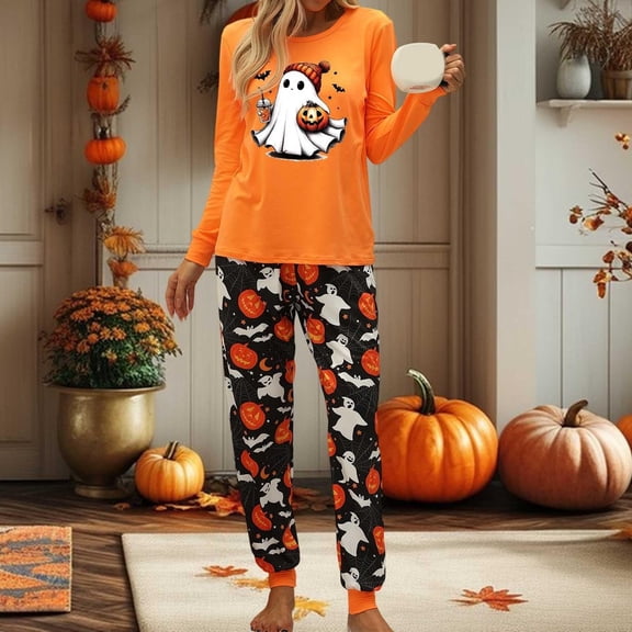 Halloween Pajamas for Women Set Pumpkin Print Long Sleeve Tops Matching Cozy Sleeppants Nighty Set Cute Funny