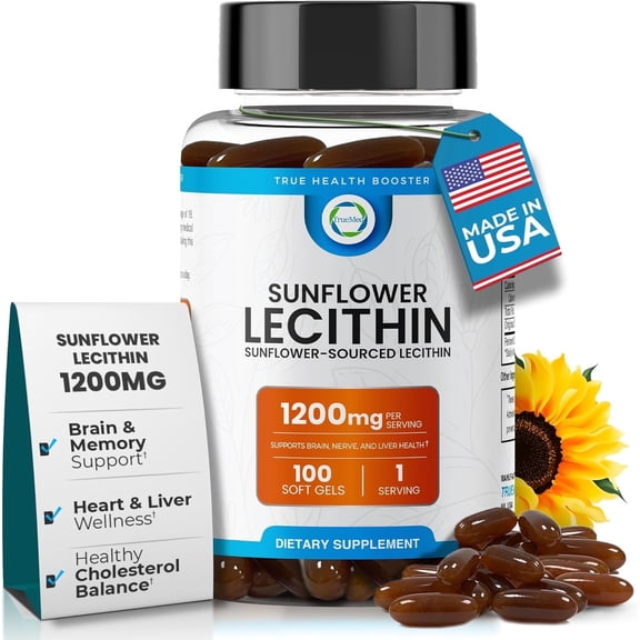 TrueMed Sunflower Lecithin 1200 mg Softgels, Soy-Free Brain Support, Heart & Liver Support Supplement, Non-GMO, 100 Softgels