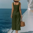 thumbnail image 4 of TEAJOPSUU Womens Summer Linen 2 Piece Solid Sets Matching Travel Outfits Sleeveless Square Neck Button Down Tank Tops Elastic Wide Leg Capri Pants Sets Olive Green, 4 of 6