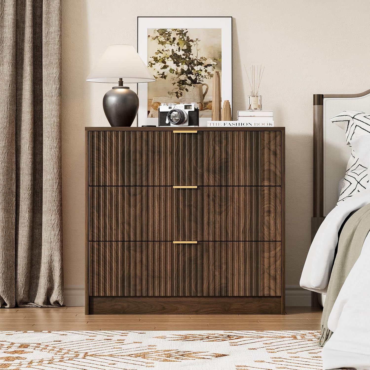 Walnut Dresser for Bedroom, Modern Dresser with 3 Drawers and Smooth Slides, Wide Chest of Drawers with Golden Handles for Bedroom, Living Room, Closet, 15.7" D x 31.5" W x 29.6" H