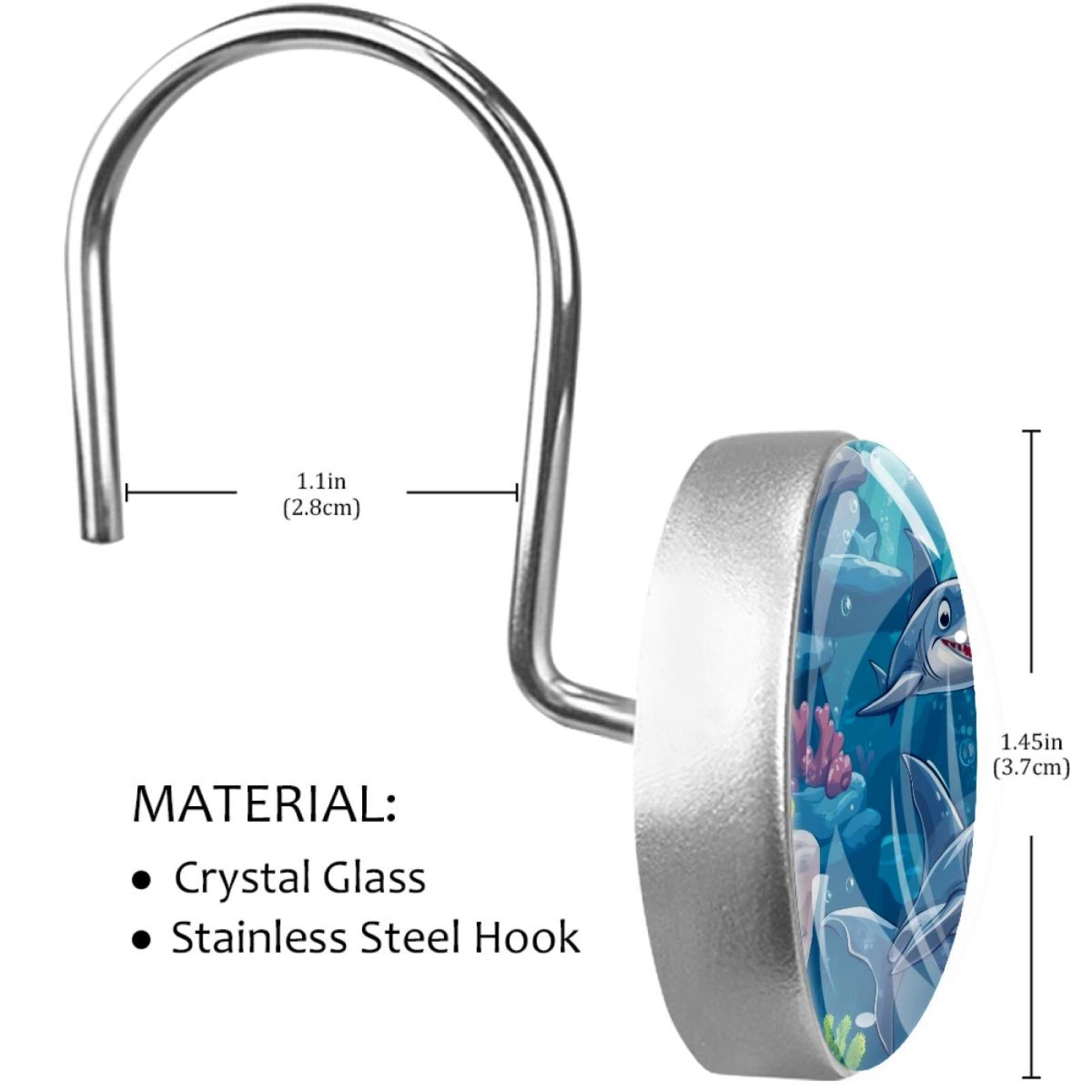 under Sea Sharks Fishes Shower Curtain Hooks Round Crystal Glass, Set of 12 Shower Curtain Rings - Shower Hooks for Curtain Shower Rings