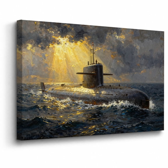 Submarine Canvas Wall Art Framed Decor Underwater Nautical Golden Light Ocean Landscape canvas print for bathroom bedroom or living room