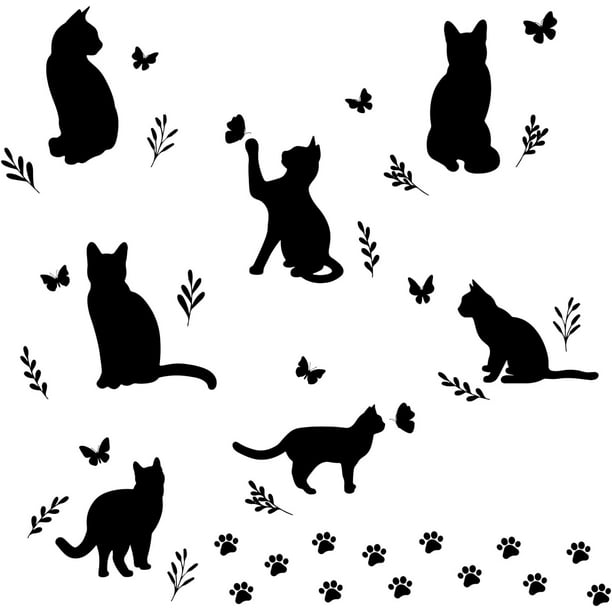 Pegatinas de pared de gato negro, silueta de gato, mariposa, decoración de pared, huella de pata, arte animal, vinilo para puerta, bricolaje, arte para ventanas