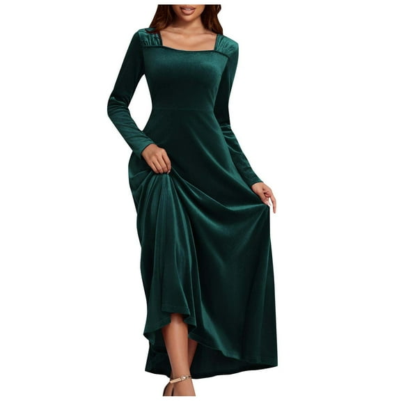 Oksale Floor Length Velvet Dresses for Women Trendy Square Neck Maxi Dress Vintage Long Sleeve Dresses Elegant Soft Party Dress for Wedding Guest Green S