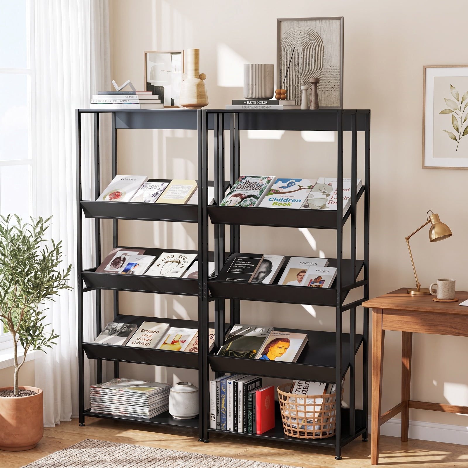 Furnibear 5-Tier Bookshelf with Adjustable and Tiltable Shelves for Living Room Home Office Bedroom Display Storage Shelf, Black