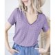 thumbnail image 3 of Camiseta Verano Manga Corta Cuello En V Encaje Crochet Botón Hueco Decoración Pour Color Patrón Mujer Camiseta para Casual Púrpura M, 3 of 6