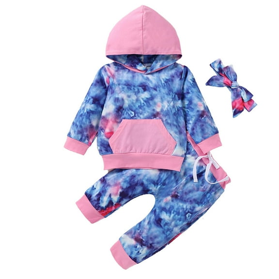 Girls Long Sleeve Shirts Newborn Infant Baby Boys Girls Tie-Dyed Fashion Keep Warm Hoodie Pants Hat Outfit Toddler Baby Girls Sweatshirts Pinks 70