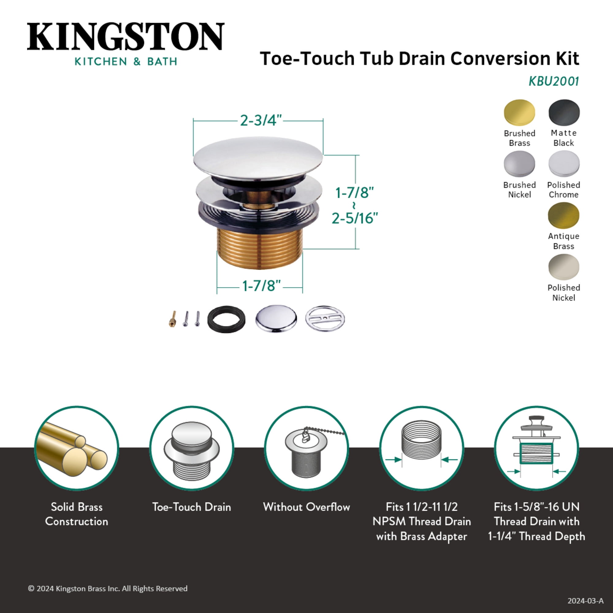 Kingston KBU2000 Eugene Toe Touch Tub Drain Conversion Kit in Matte Black