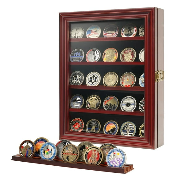 Challenge Coin Holder Display Case with HD Tempered Glass, Wooden Shadow Box with Removable 2-Groove Shelves, Wall Mountable or Tabletop Display, Mahogany