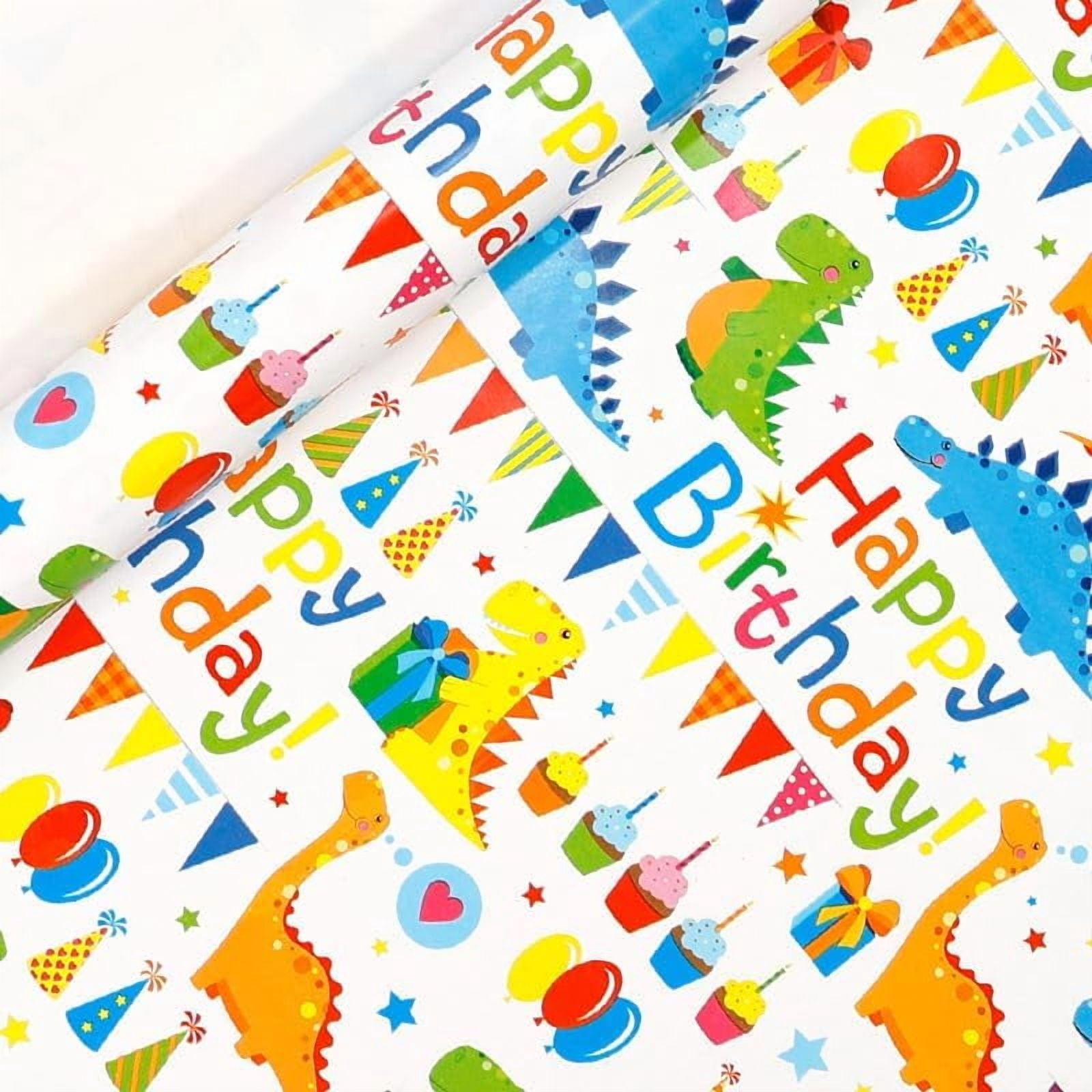 Dinosaur Wrapping Paper Rolls Colorful Text Happy Birthday Design Gift Wrapping Paper Roll for Kids Boys Girls Baby Dinosaur Gift Wrap for Birthday Bday Party Holiday Wrap - 17 Inch X 50 Feet