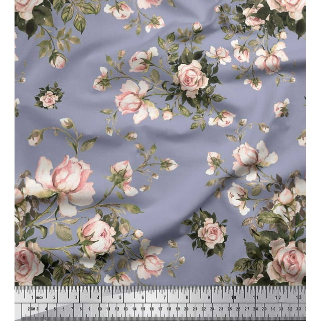 Soimoi Tissu Gris en Rayonne Feuilles & Roses Imprimé Floral 1 Yard 56 Pouces de Large