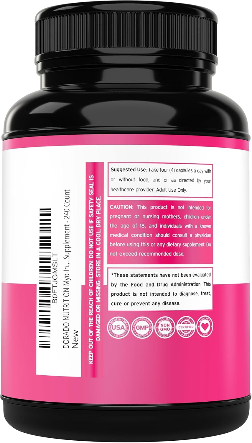 Myo-Inositol & D-Chiro Inositol Supplement For Women (240 Capsules, 2050mg Per Serving Ideal 40:1 Ratio Myo Inositol) Hormone Balance for Women - Third Party Tested, Vegan Safe & USA Made - 240 Count