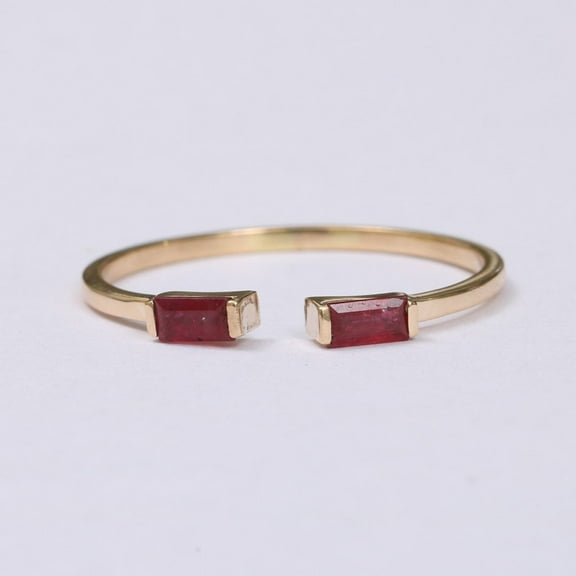 Ruby Cuff Ring, Baguette Ruby Open Band Ring, 18k Gold Plated Ring, Two Stone Ring, Dianty Stackable Ring.