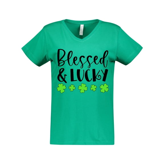 Inktastic Blessed and Lucky 4 Leaf Clovers St. Patrick's Day Women's V-Neck T-Shirt