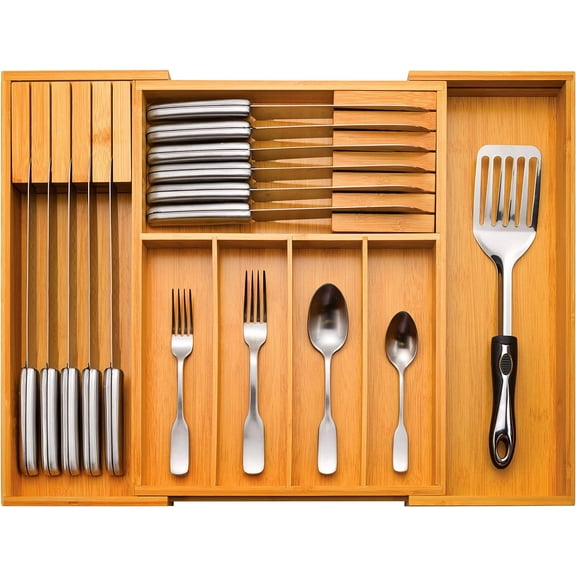 Bambusi Kitchen Storage organizer 13 - 21 Inches Wide, 2 Inches Deep, 7 Compartments for Flatware, Knife Sets, Utensils Cutlery Cabinet Storage organizer by Bambusi