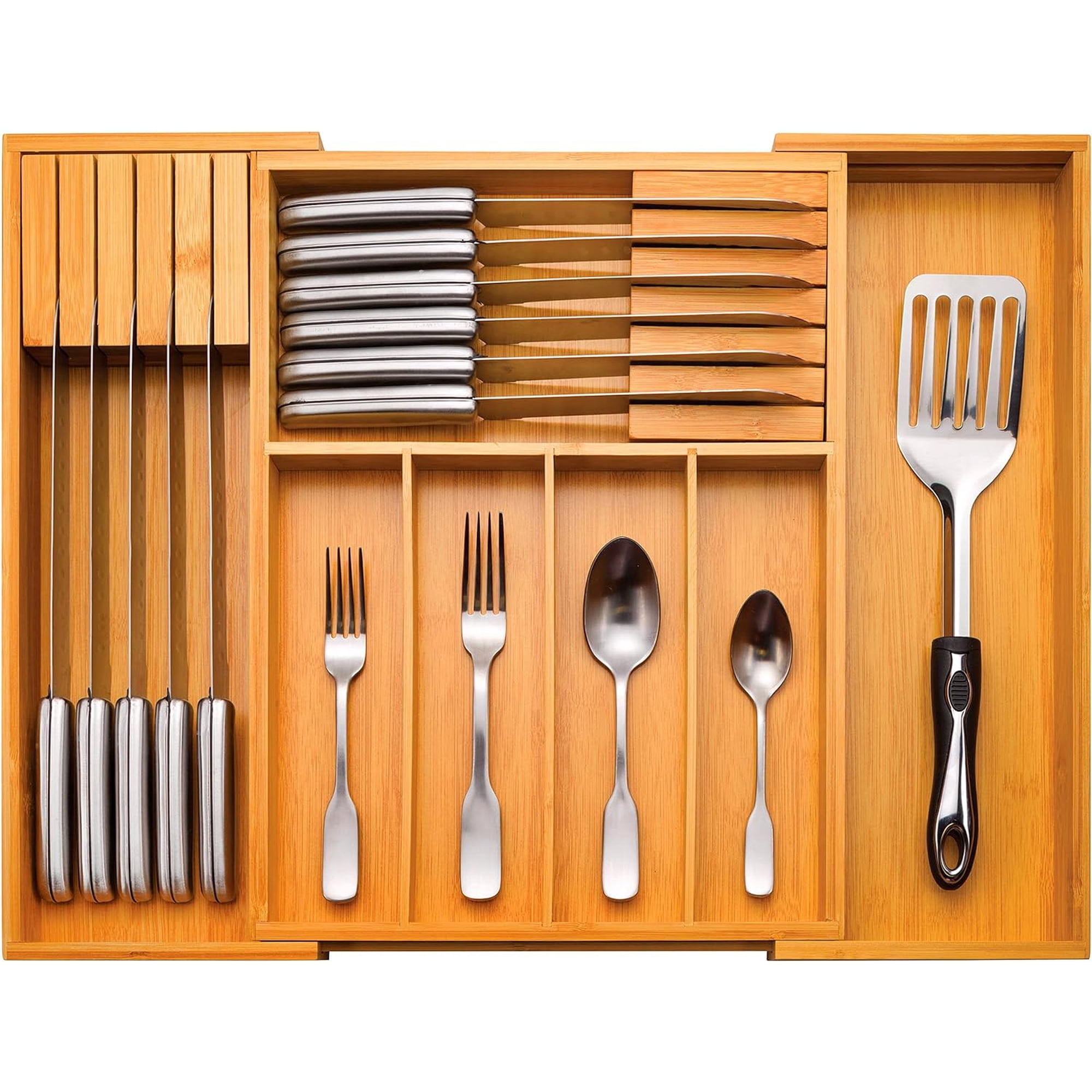 Bambusi Expandable Silverware Organizer - Bamboo Kitchen Drawer Organizer Utensil Holder - Drawer Organization and Storage in Kitchen Bathroom or Bedroom