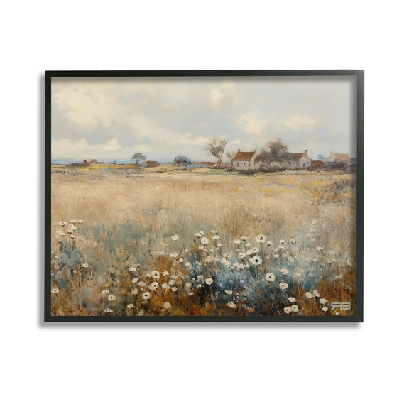 Stupell Industries Cottage & Natural Meadow Landscape Painting Black Framed Art Print Wall Art, 14 x 11
